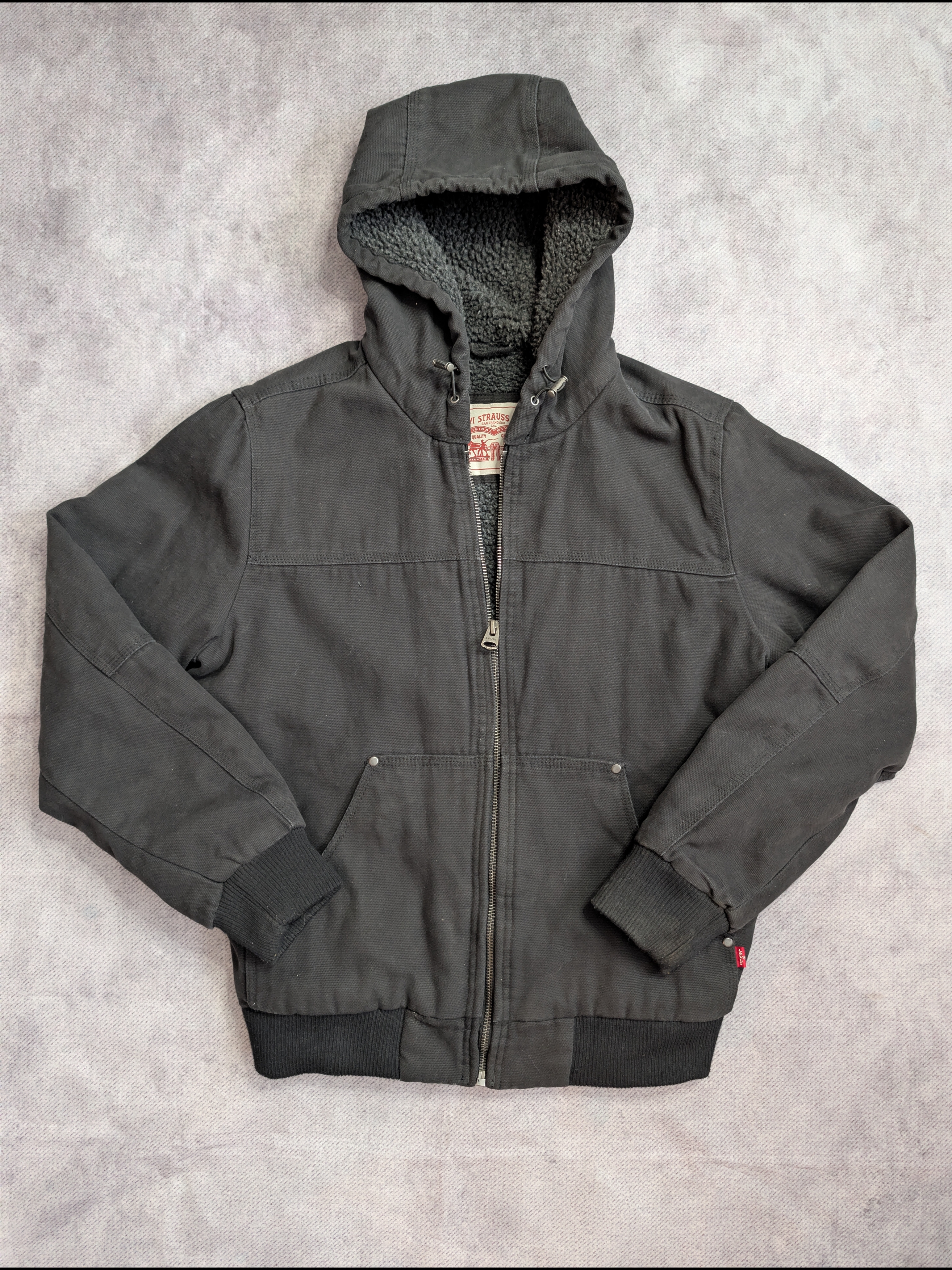 Levi's Men's Sherpa Lined Hooded Bomber Black Jacket Size S Cuffed Sleeves
